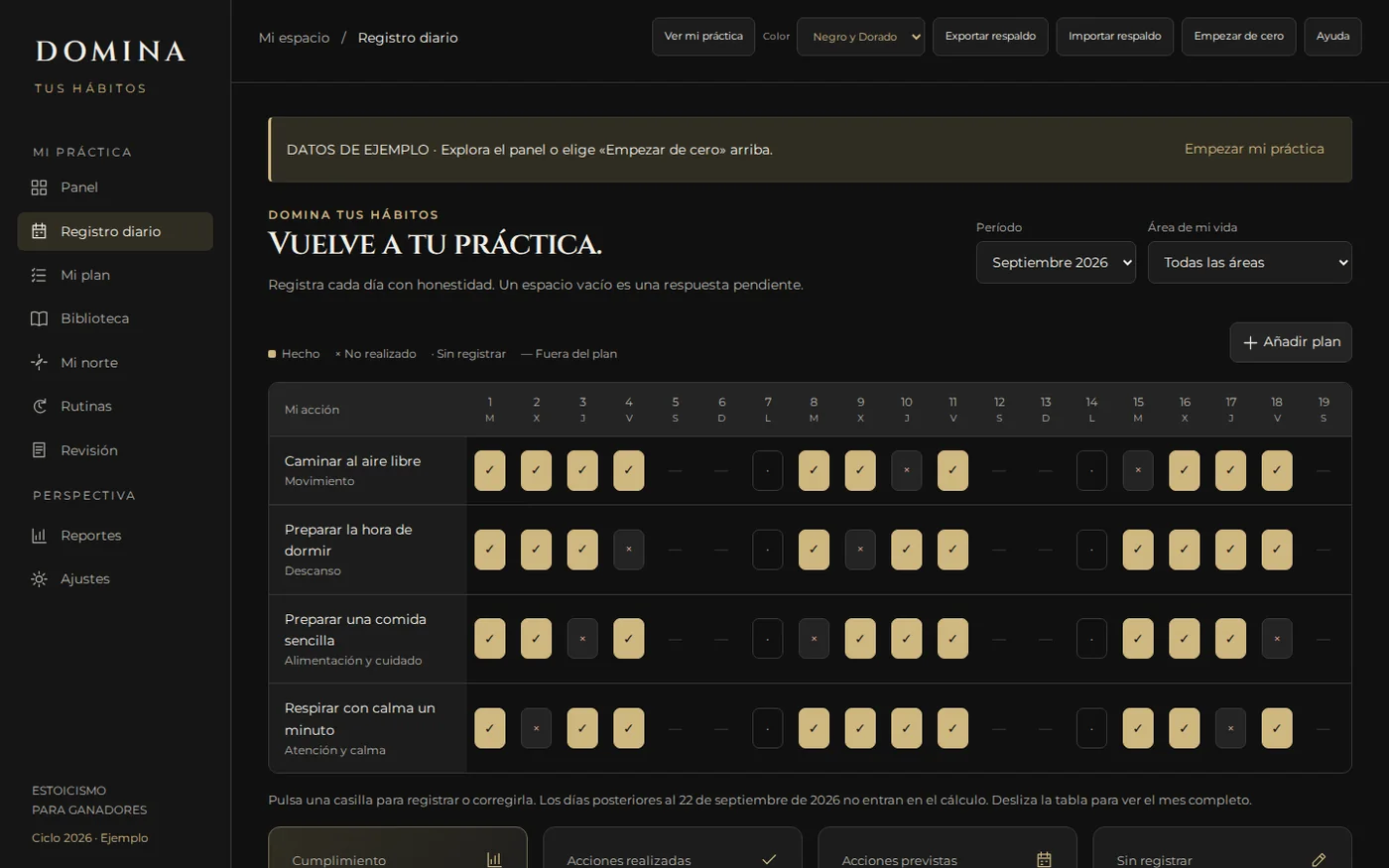Pantalla de registro de la aplicación DOMINA Hábitos