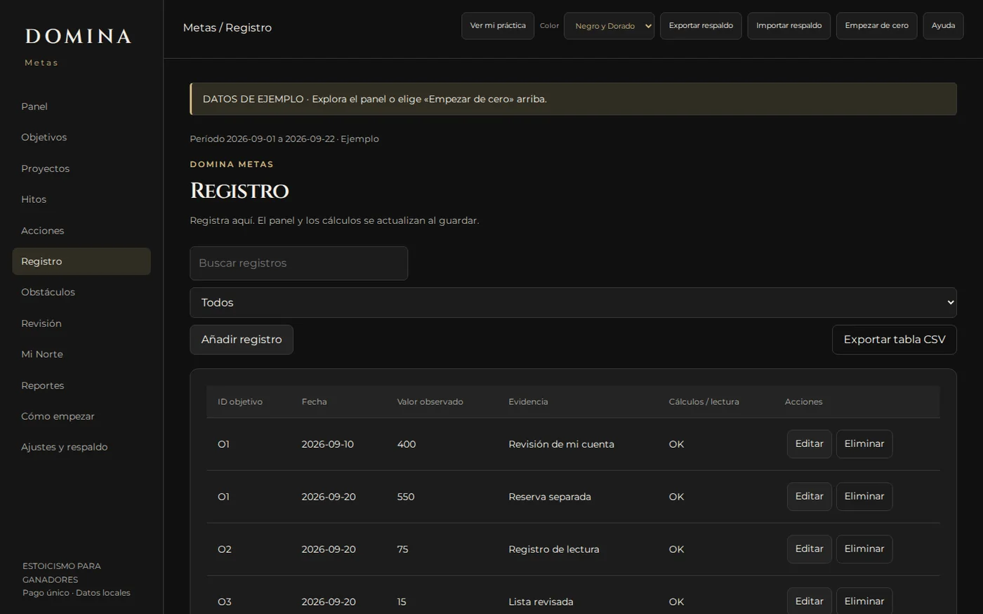 Pantalla de registro de la aplicación DOMINA Metas