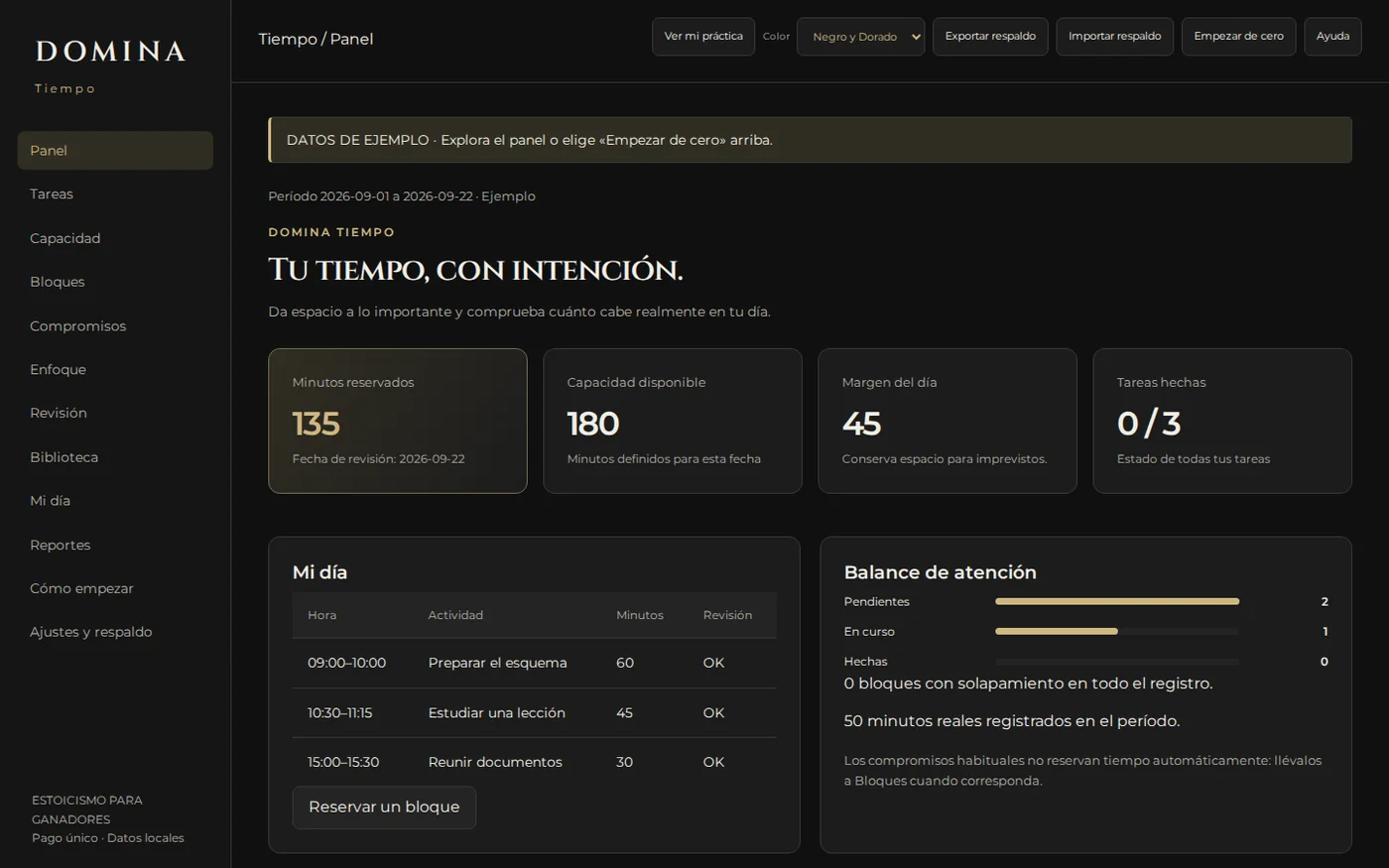 Panel real de la aplicación DOMINA Tiempo