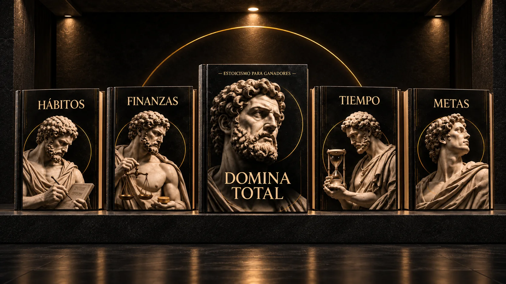 Los cinco volúmenes DOMINA alineados en una galería oscura