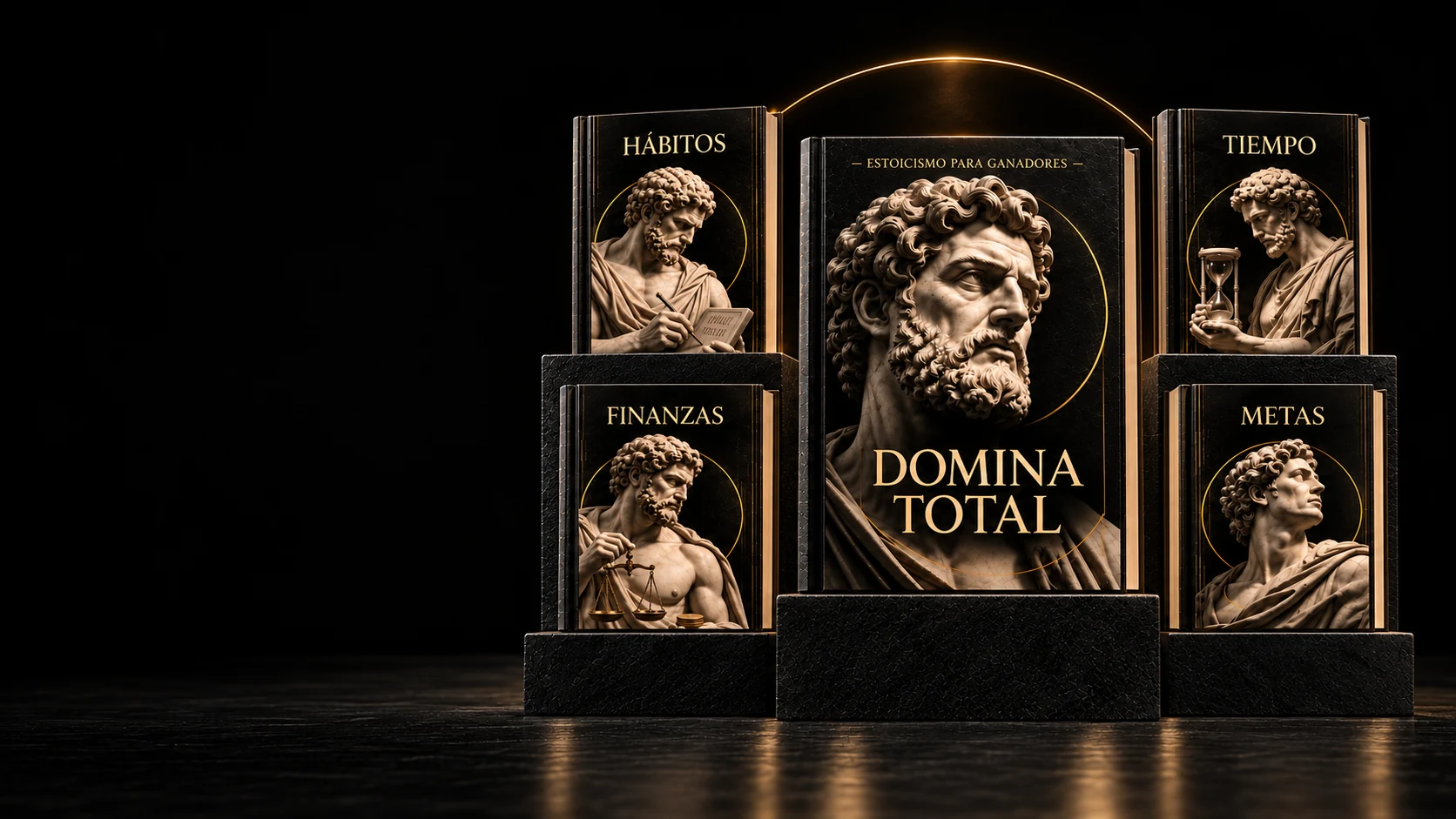 La colección DOMINA sobre bases negras: DOMINA Total al centro, Hábitos y Finanzas a la izquierda, Tiempo y Metas a la derecha